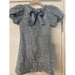 GB Girl’s Dress Small (4-6) Sequin Tweed Party Holiday Lined‎ Satin Bow Blue